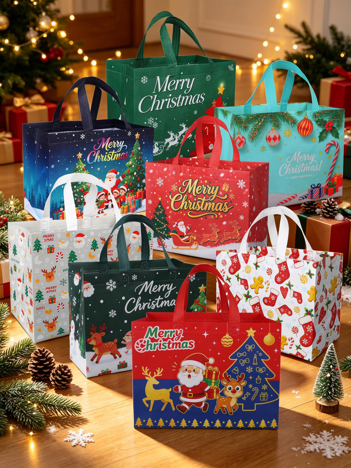 16 Pack Christmas Gift Bags 10.3×4.7×13IN Reusable Tote Bags 8 Designs