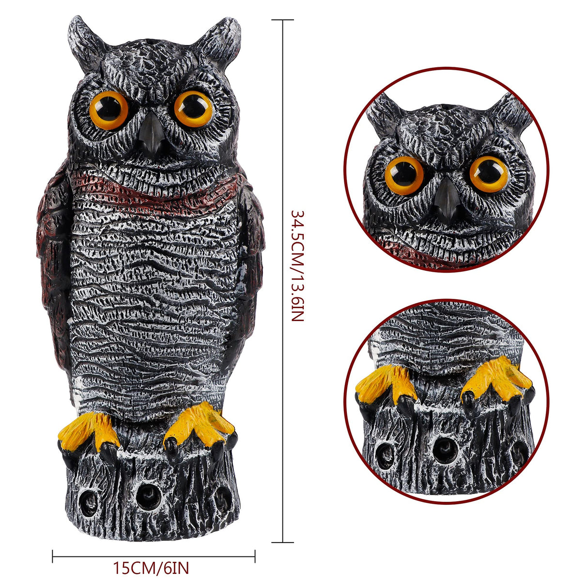 Hausse Fake Owl Decoy Bird Scarecrow Sculpture, 13.6 Inch Plastic Horned Owl Bird Deterrents, Garden Protectors, Nature Enemy Pest Repellent for Outdoor Garden Yard