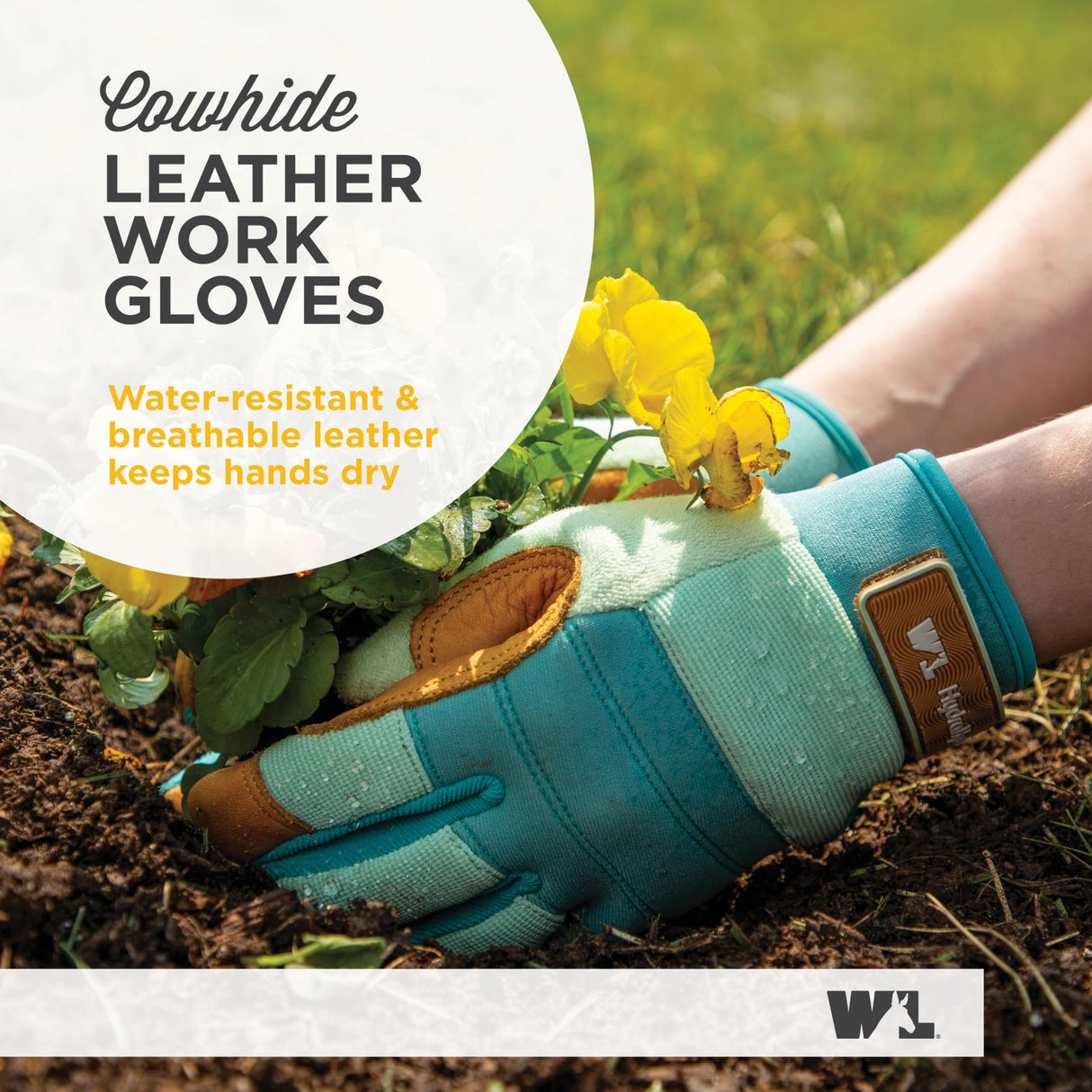 Wells Lamont Women's HydraHyde Leather Hybrid Gloves – Water-Resistant, Durable Cowhide Palm, Spandex Stretch Back – Ideal Landscaping/Farming/Gardening Gloves – Adjustable Wrist – Large, Blue (3250L)