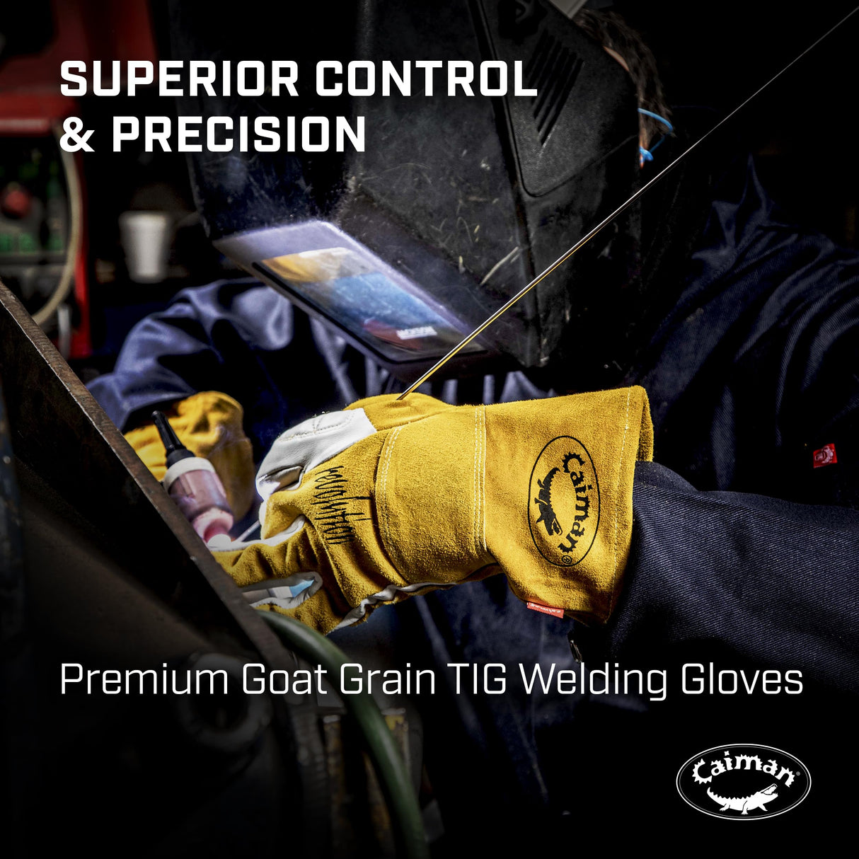 Caiman Premium Goat Grain TIG/Multi-Task Welding Gloves, Split Cowhide Back, 4-Inch Extended Cuff, White/Gold, Large (1540-5)
