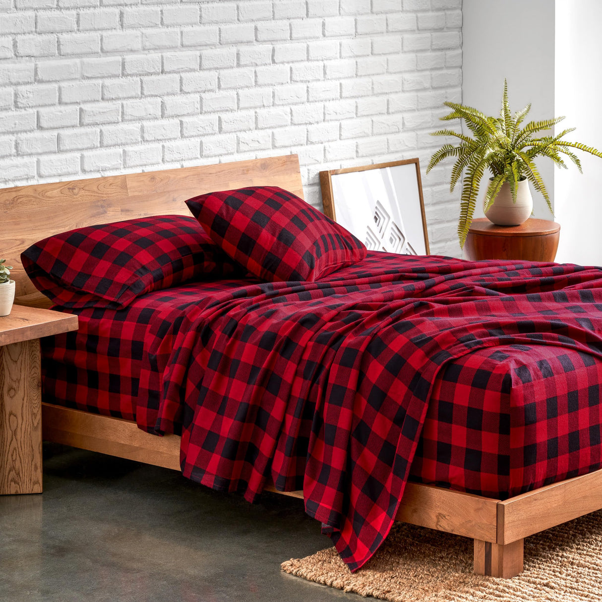 Bare Home Flannel Sheet Set Prints, 100% Cotton, Velvety Soft Heavyweight - Christmas Holiday Sheets - Double Brushed Flannel - Extra Softness, Comfort - Deep Pocket (Queen, Buffalo Plaid - Red/Black)