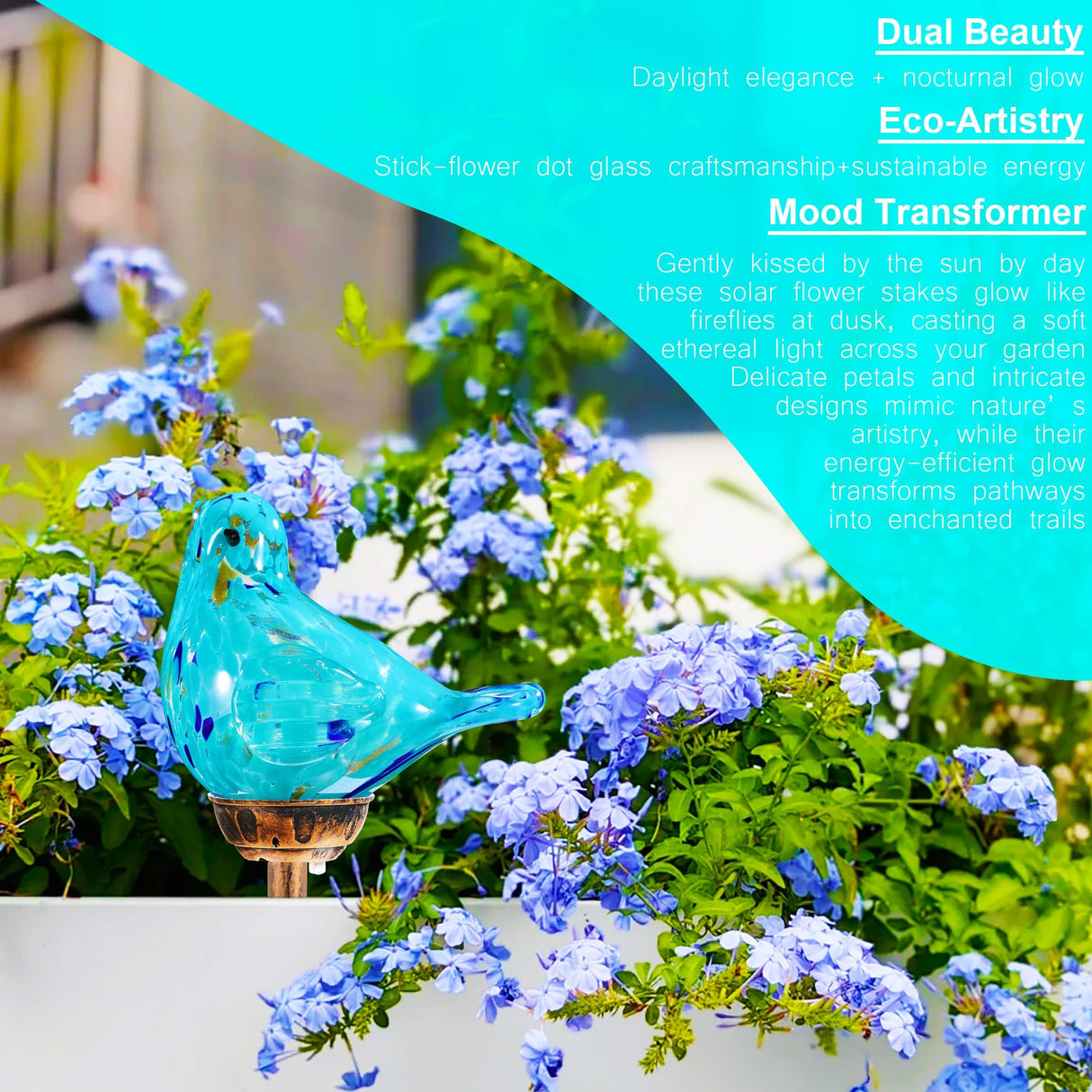 Garden Solar Lights,Solar Garden Stake Lights - Hand Blown Glass Decorative Garden Pathway Lights Outdoor Waterproof Sky Blue Bird Glass Stakes