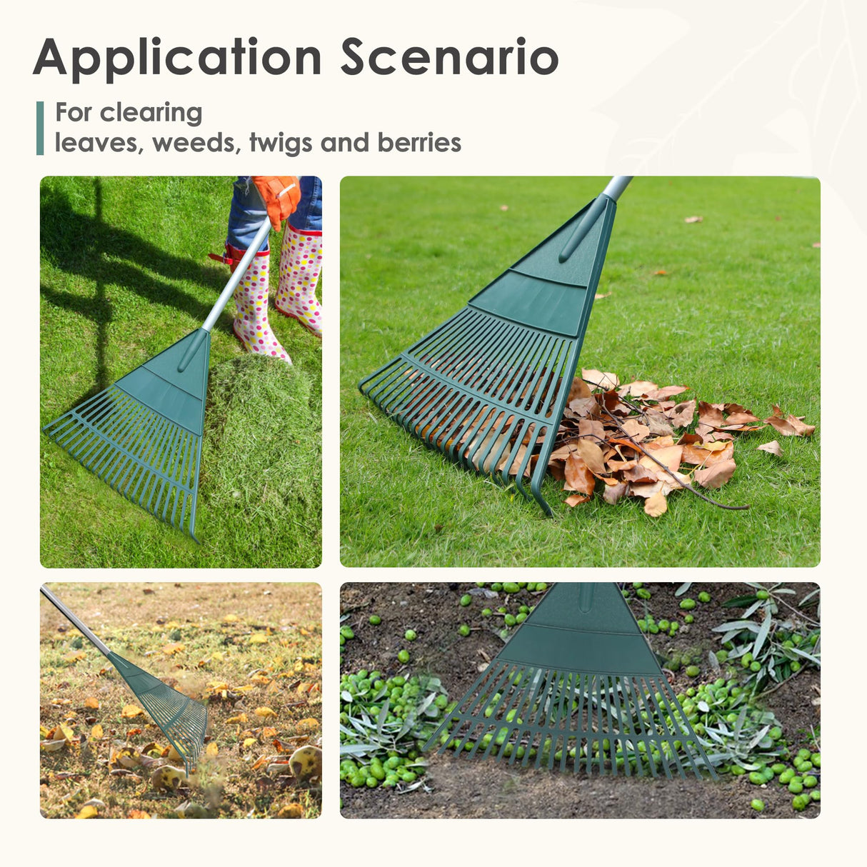 ORIENTOOLS 69" Adjustable Leaf Rake with 5-Section Handle, 26-Tine Durable Plastic Head, Dual-Use Design Converts to Leaf Scoops, Lightweight Yard Rake for Lawns, Grass, Shrubs & Garden (Foldable)