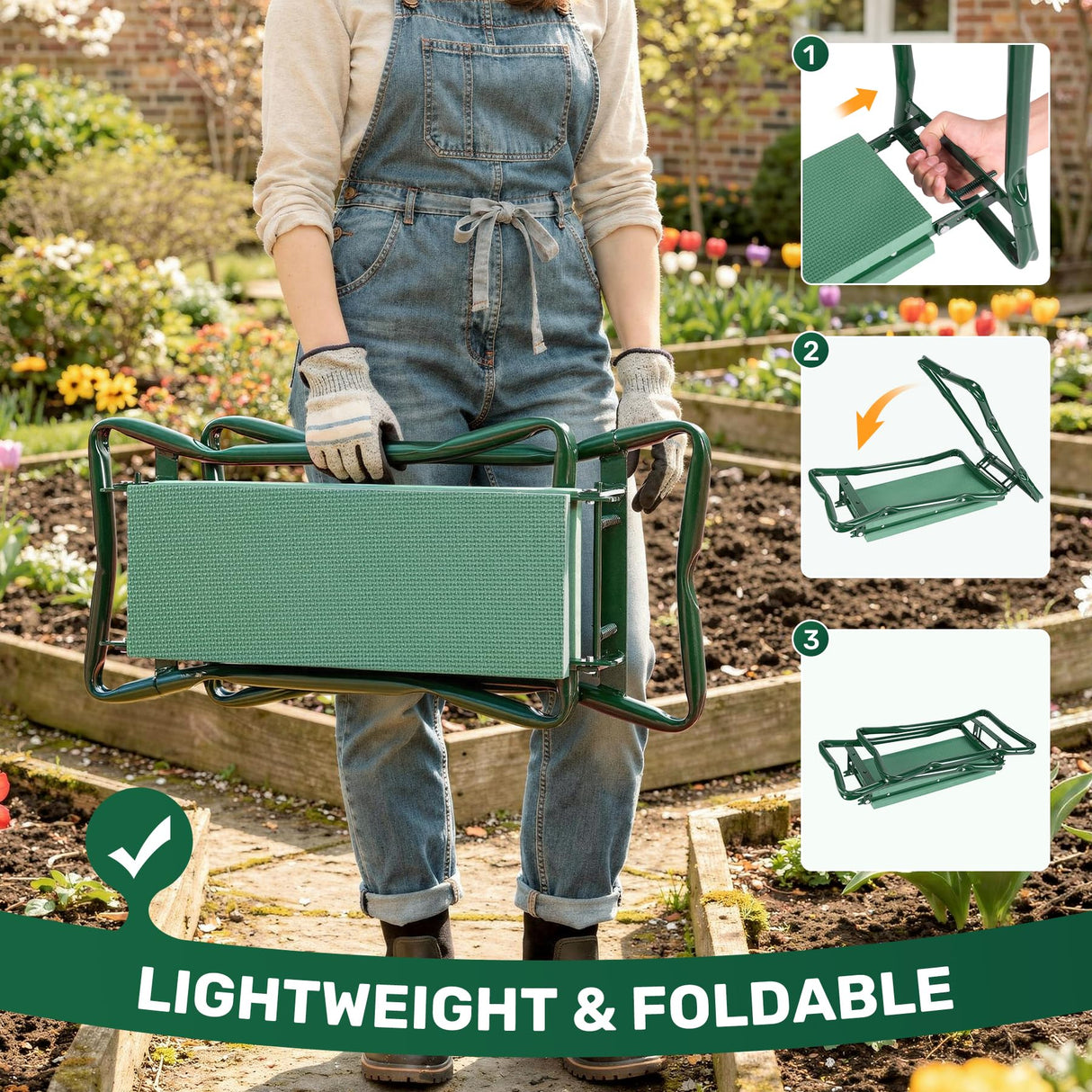 Zelurelle Garden Kneeler and Seat, 2-in-1 Gardening Kneeling Bench, Foldable Heavy Duty Garden Stool with Cushioned Pad, Gardening Gifts for Seniors Women -1PCS