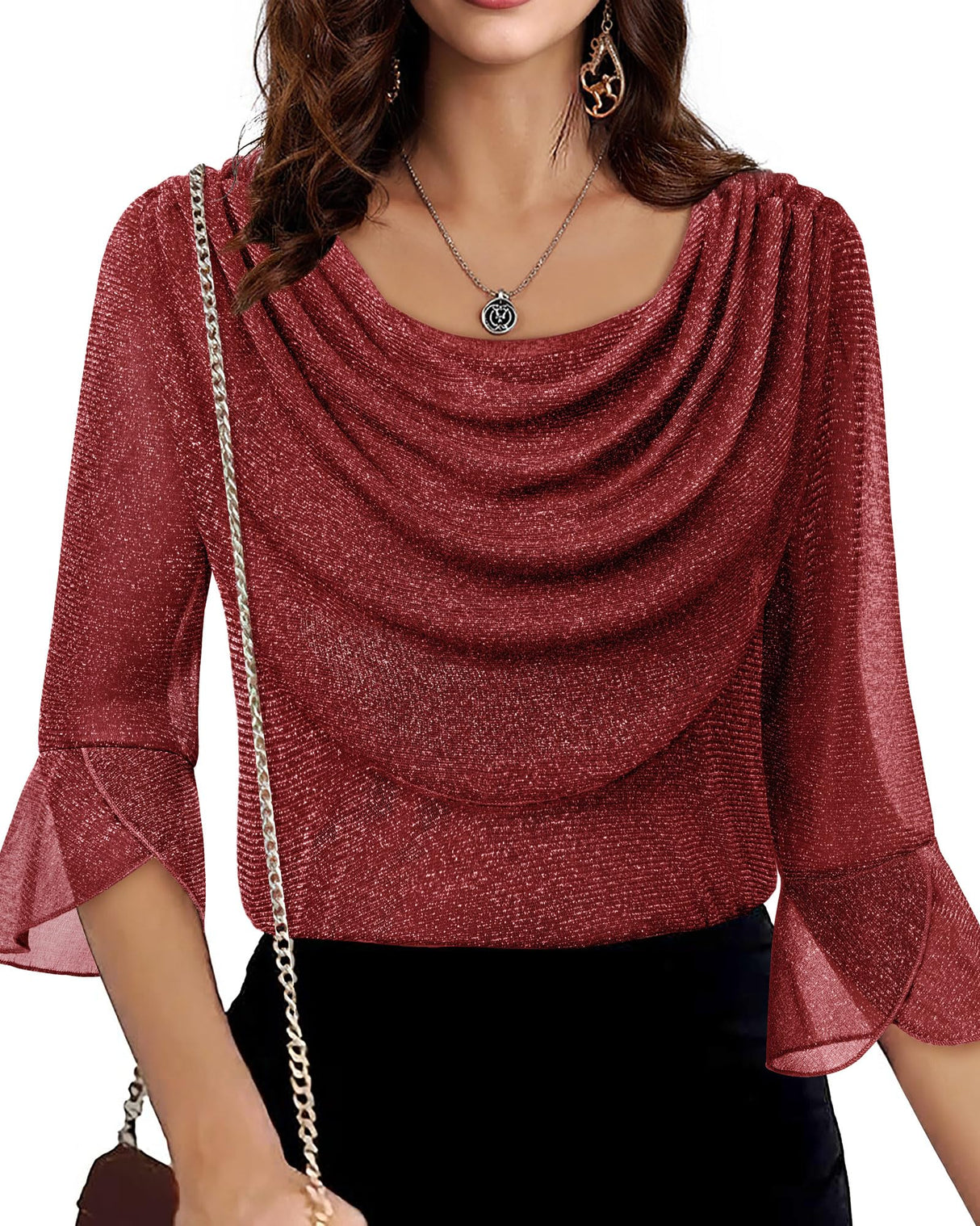 Lotusmile Sparkly Christmas Tops for Women: Womens Blouses Dressy Casual - 3/4 Sleeve Blouses Cowl Neck Shirts for Women Wedding Guest Dressy - Mesh Festive Red Women's Clothing Christmas Party Red XL