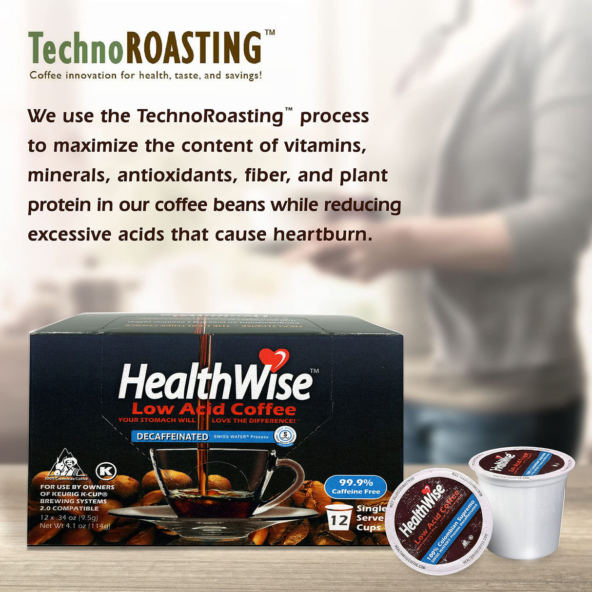 HealthWise Low Acid Unflavored Decaf, Chemical Free SW Process, 99.9% Caffeine Free, Medium Roast - 12 count (Pack of 1)