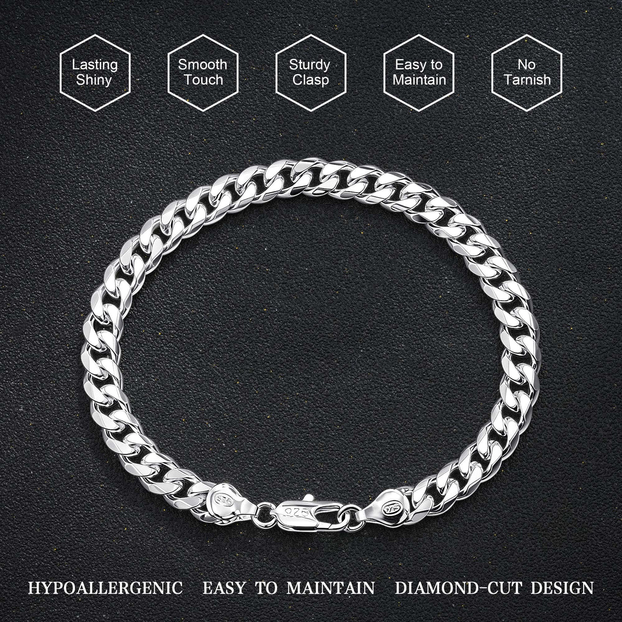 HIMSTORY Silver Bracelet for Men, 7mm 925 Sterling Silver Cuban Link Bracelet Diamond Cut Silver Bracelets Jewelry Gifts for Boyfriend Husband(8.5 Inches)