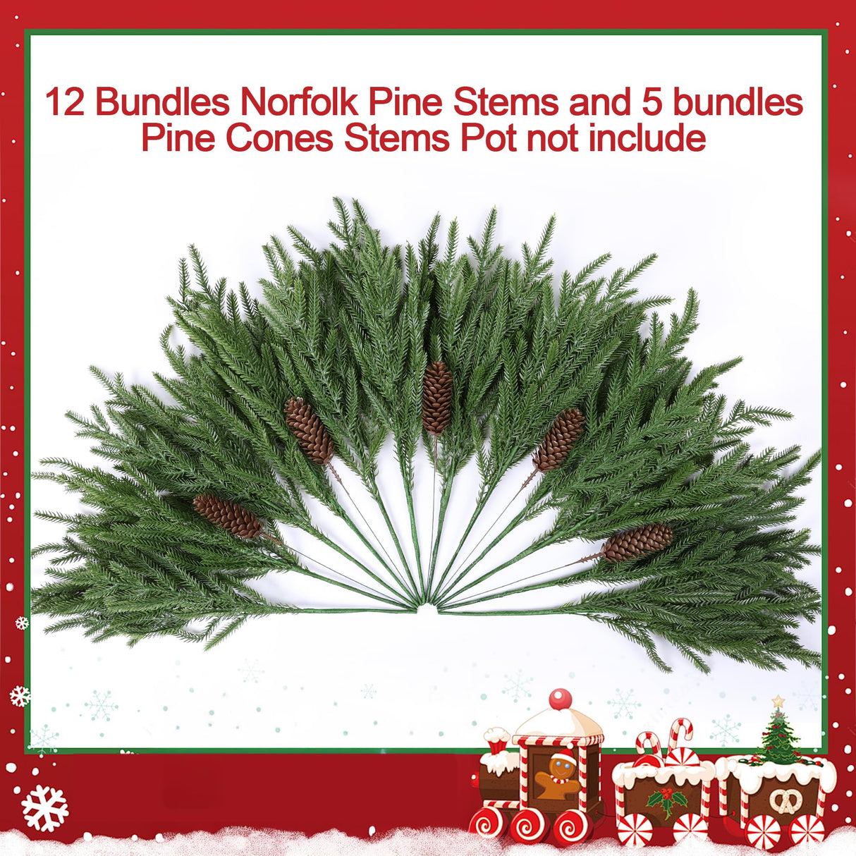 HyeFlora 19 Inch Christmas Norfolk Pine Stems, 12PCS Real Touch Faux Cedar Pine with 5PCS Big Pine Cones Branches, Artificial DIY Greenery Stems Plastic Picks for Vase Indoor Outdoor Home Garden Décor