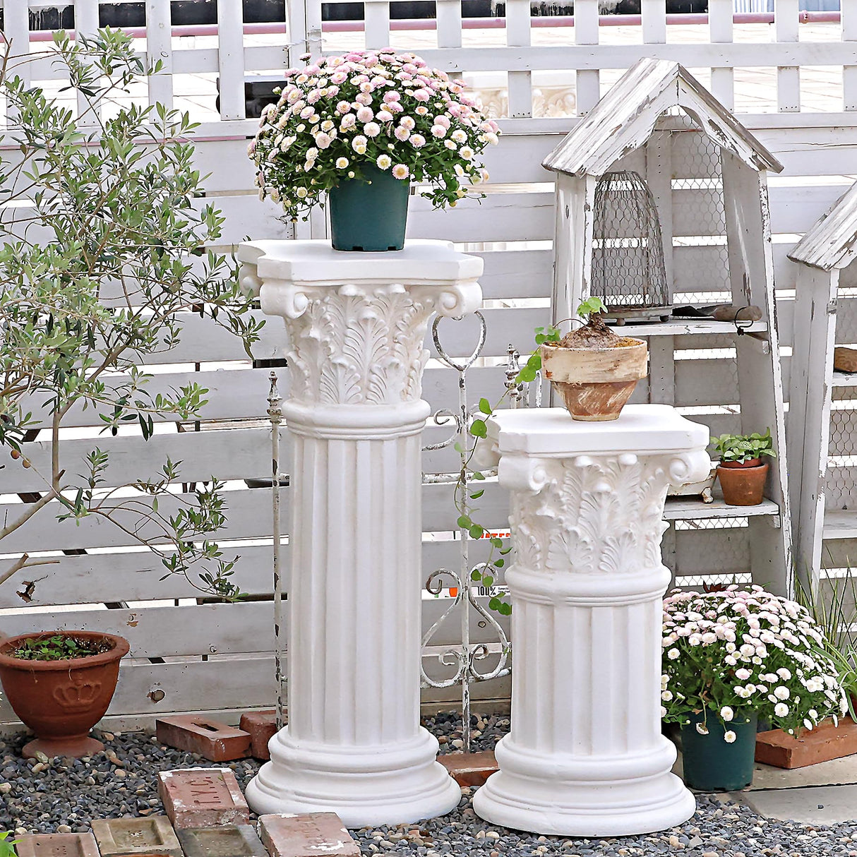 VISIBLE Decorative Roman Column Pedestal, Black Bronze, MGO Cement with Fiber, Classical Garden Pillar, Indoor Outdoor Decor (White, 33.5IN)