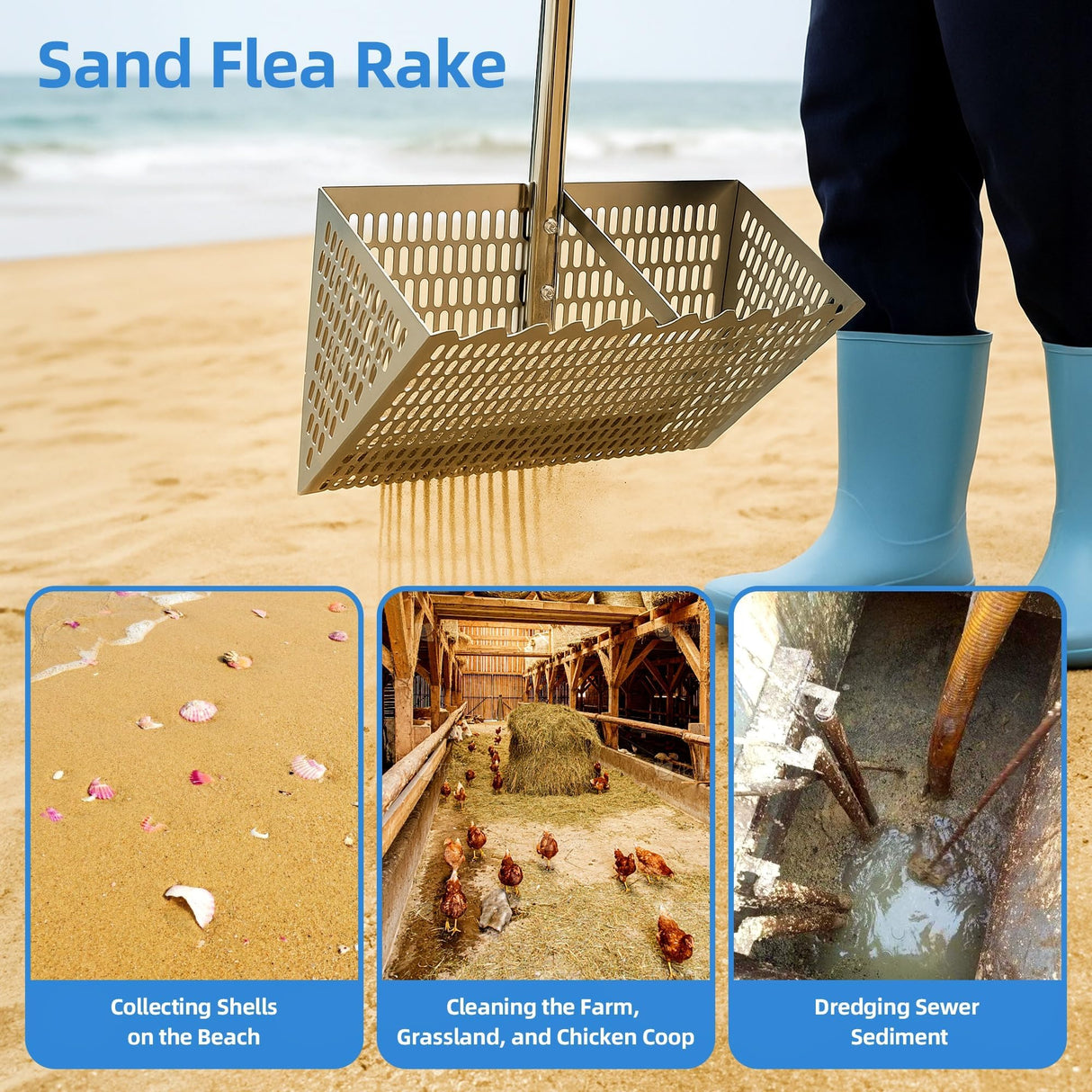 Large Stainless Sand Flea Rake Shark Tooth Sifter Comes Long Handle Sand Sifter for The Beach, 5-Section with Hand rake 16-Inch Wide Mesh Screen for Collecting Fleas , Shark Teeth, and Seashells