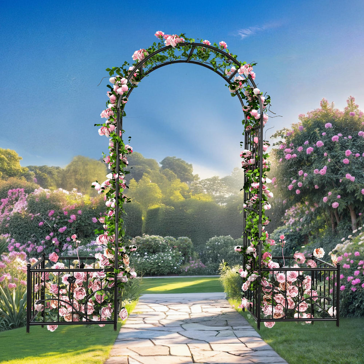 Ultym 76" W x 86" H Black Metal Garden Arbor with Planter Boxes