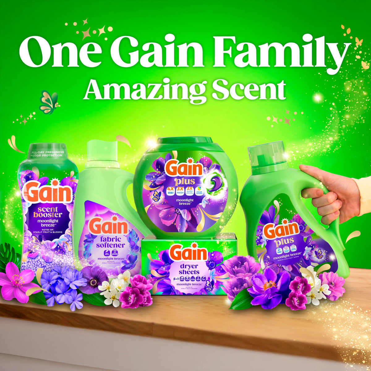 Gain Plus Flings Liquid Washing Detergent Pacs, Gain's Best Clean, All-In-One, Moonlight Breeze Scent, 45-Count Tub