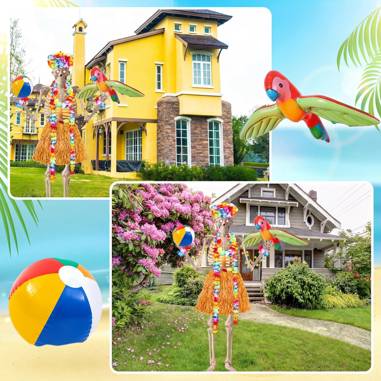 Lunmon 8 Pcs Summer Hawaiian 12 ft Skeleton Costume Accessories Hawaiian Hula Grass Skirt Tropical Flower Garlands Wristbands Beach Ball Skeleton Outfit for Garden Lawn Luau Party Decor(Yellow)