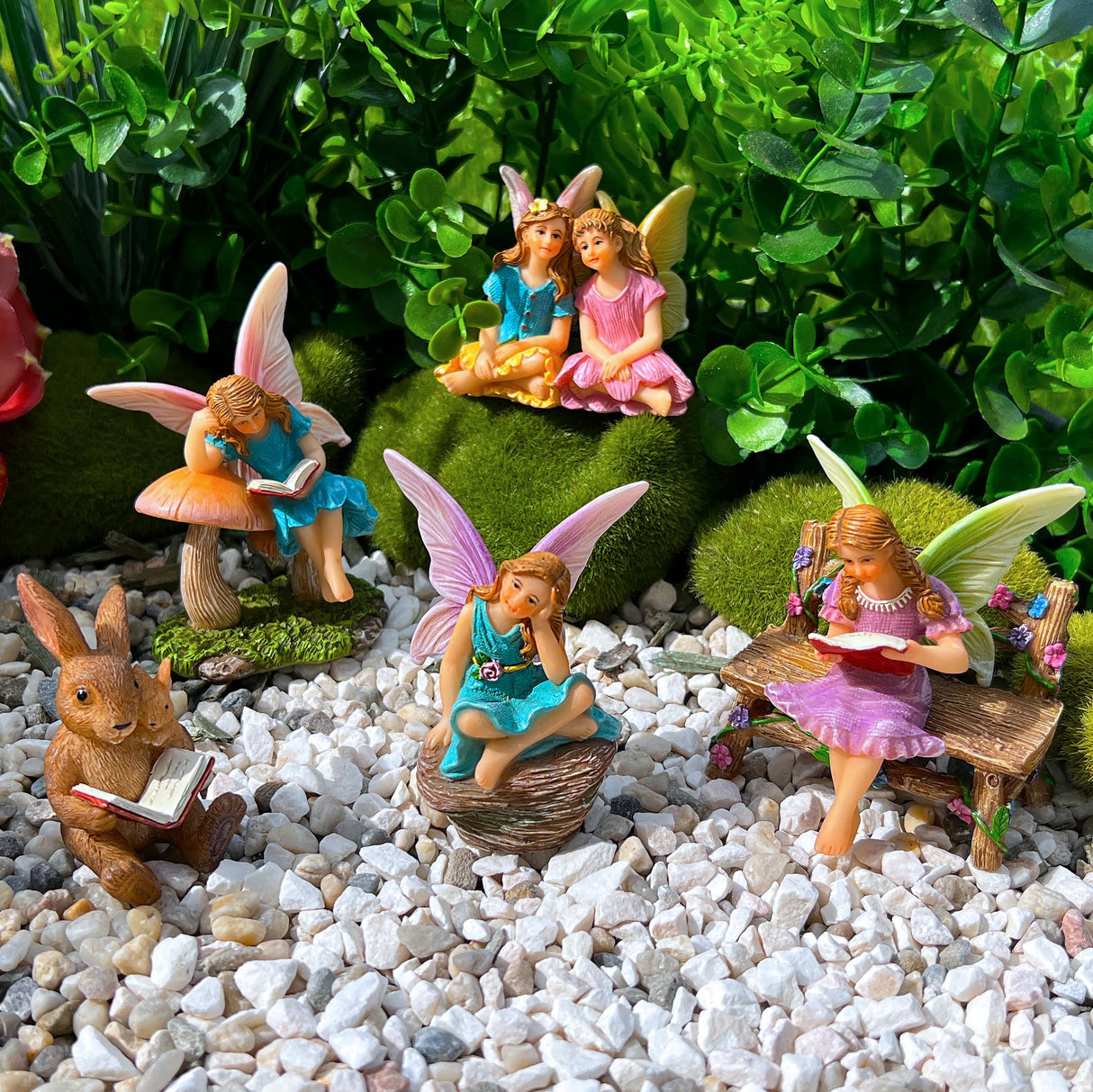 Mood Lab Fairy Garden Figurines - Reading Fairies Set (6 pcs) - Miniature Decorative Statues & Accessories - Outdoor & Indoor Garden Decor
