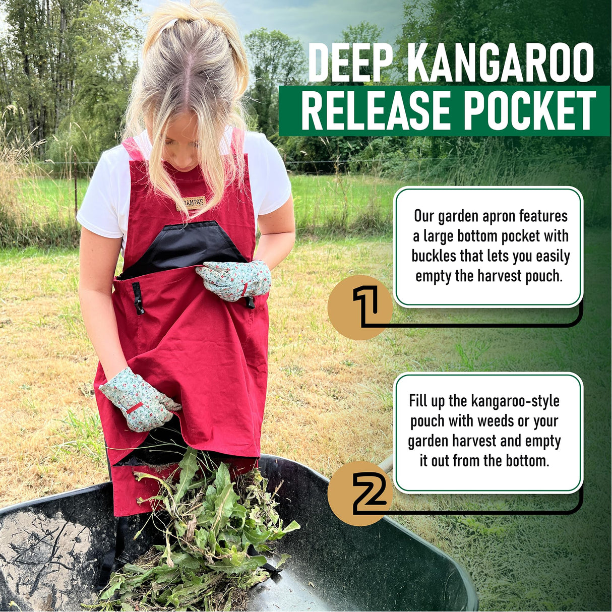 Grampa's Garden Apron - Cross Back Gardening Apron With Pockets For Women & Men | Harvest Apron with Large Kangaroo Pouch (Red)