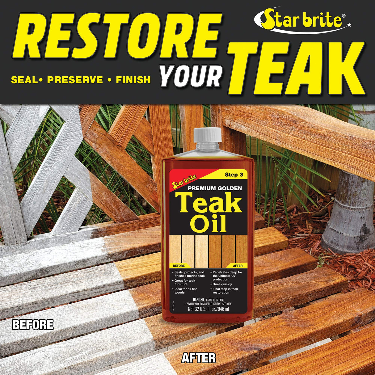 Star brite Premium Golden Teak Oil - Sealer, Preserver, & Finish for Outdoor Teak & Other Fine Woods, 32 oz