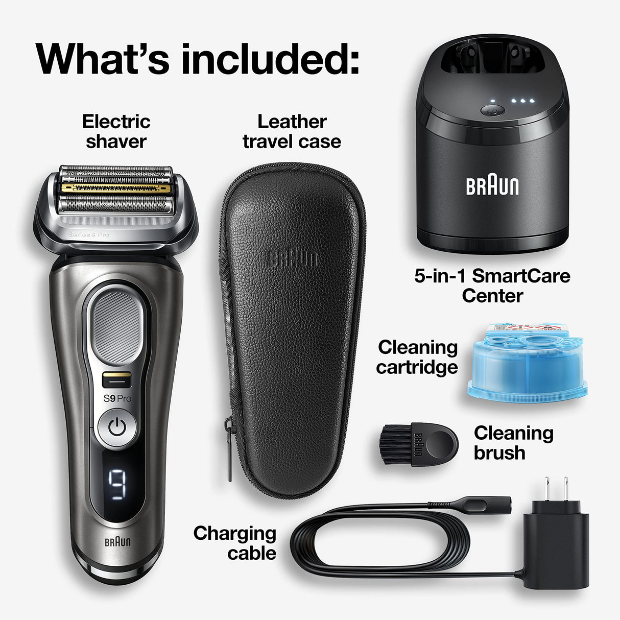 Braun Electric Razor for Men, Series 9 Pro 9465cc Wet & Dry Electric Foil Shaver with ProLift Beard Trimmer, Cleaning & Charging SmartCare Center, Head Shavers for Bald Men, Noble Metal