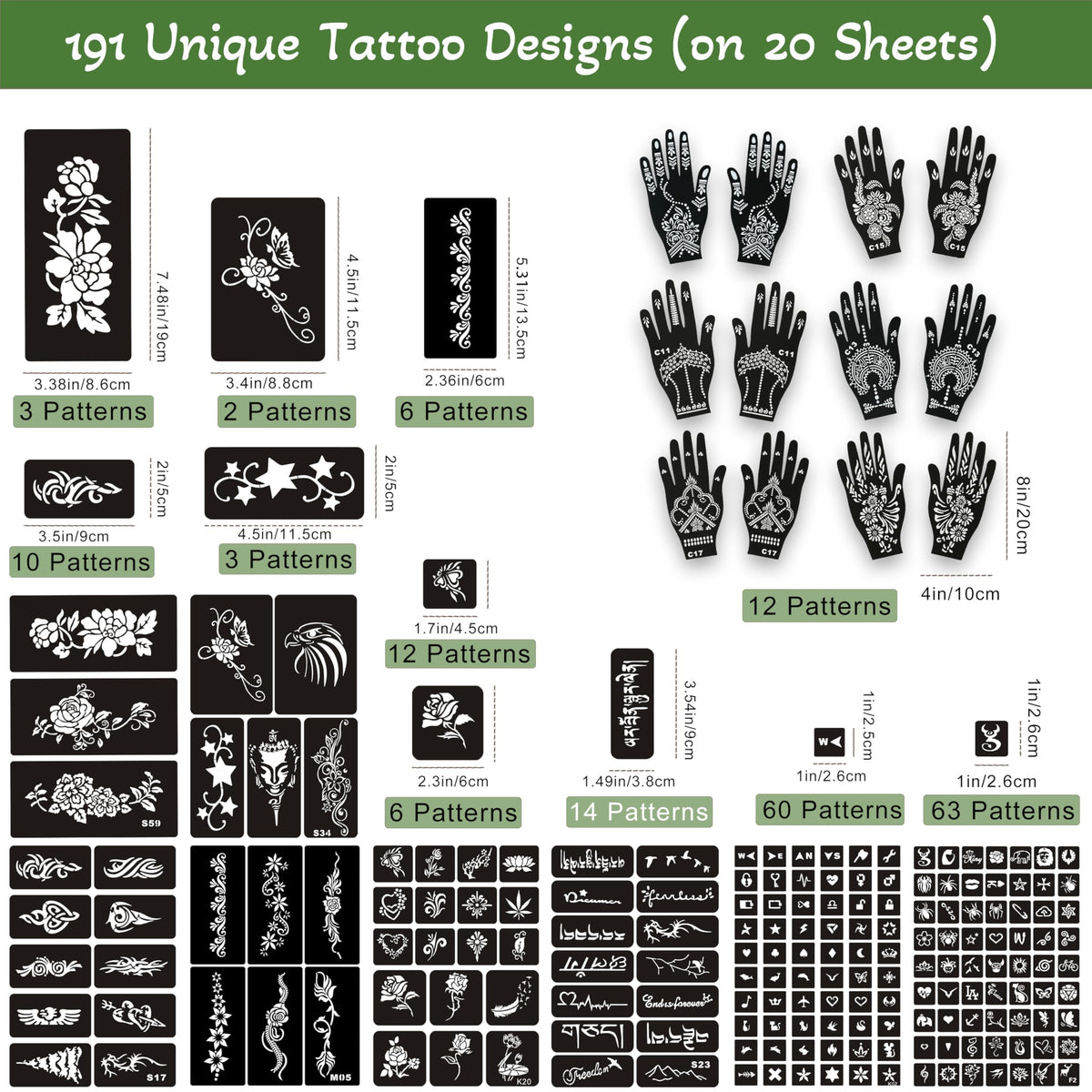 XWGLFT 191 Pcs Temporary Tattoo Stencils Kit, 6 Cones (2Black,2Brown,2Red)