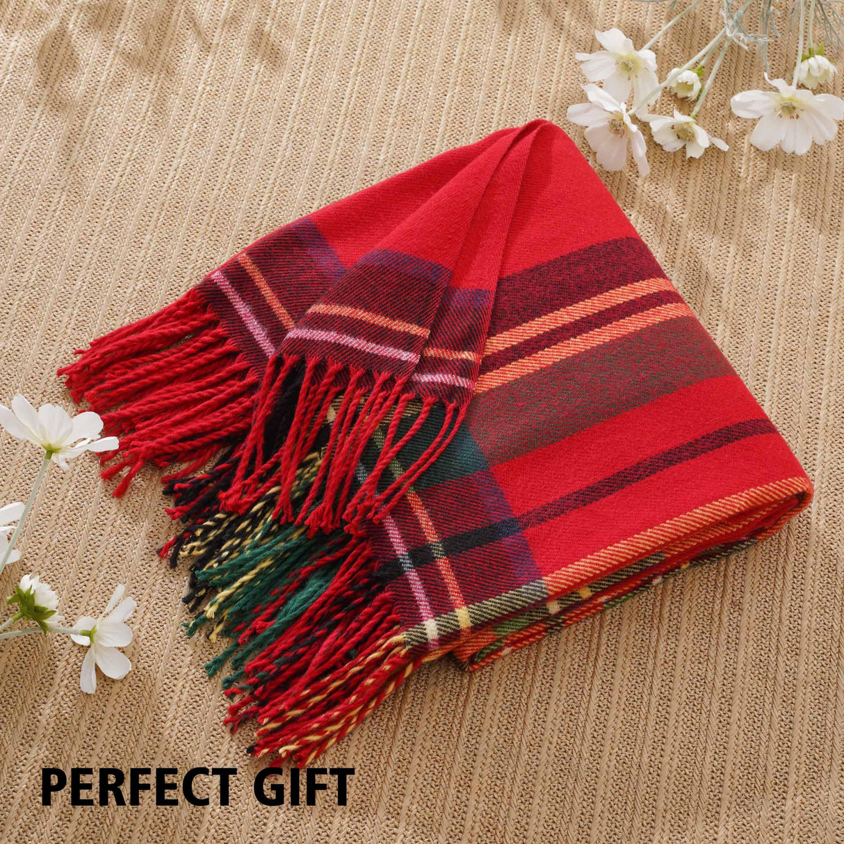 BATTILO HOME Christmas Red Plaid Throw Blanket for Couch, Bed, Super Soft Red Plaid Blankets,Soft Christmas Decorative Throw with Tassels 50"x60"