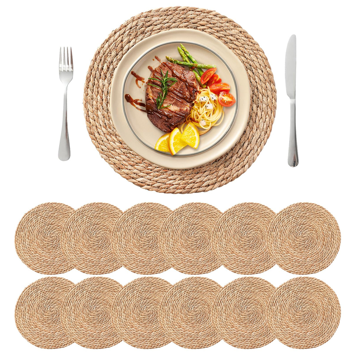 13.5'' Round Woven Placemats Set of 12, Boho Rattan Chargers for Dinner Plates, Rustic Wicker Place Mats, Straw Braided Table Placemats, for Dining Table, Thanksgiving, Fall, Farmhouse, and Christmas