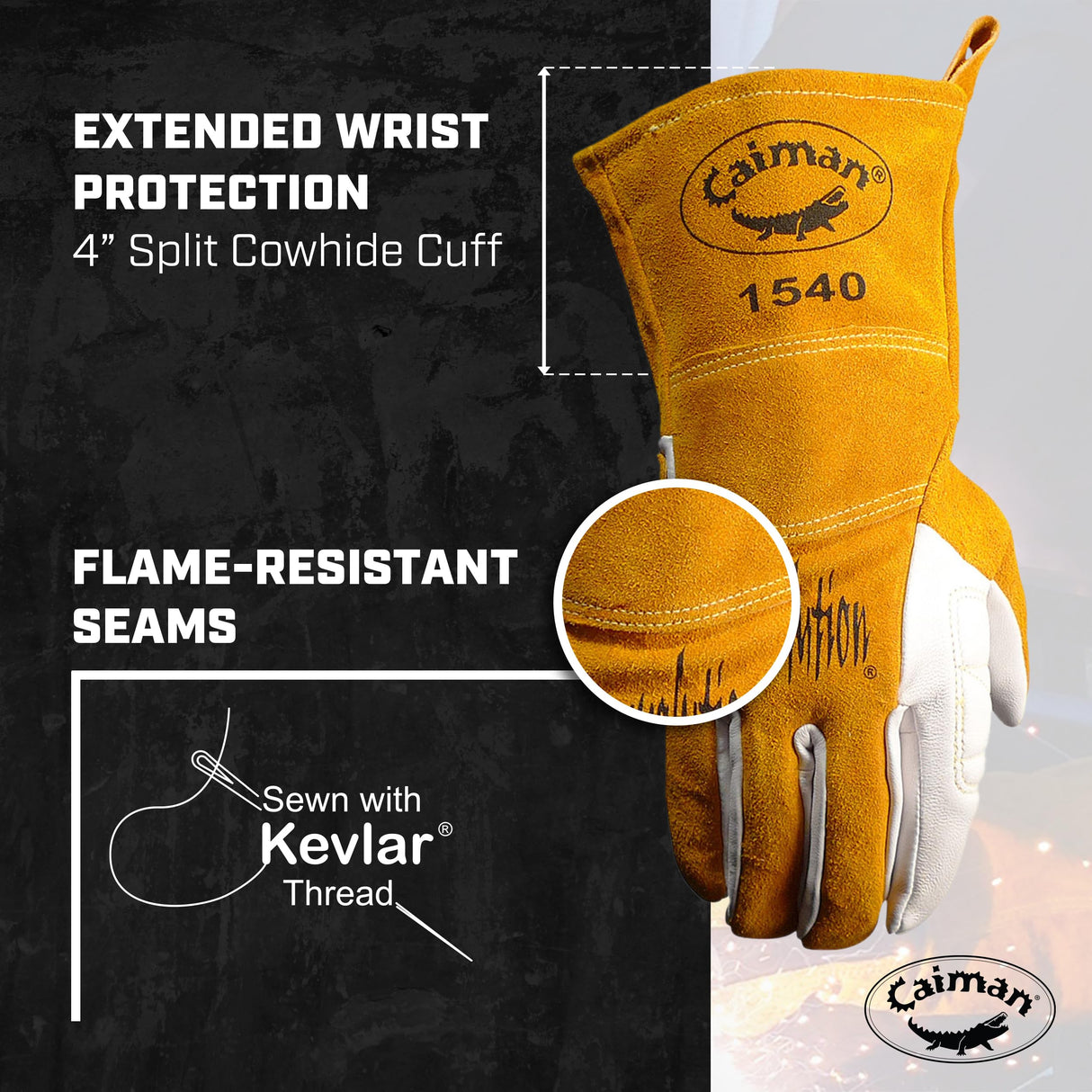 Caiman Premium Goat Grain TIG/Multi-Task Welding Gloves, Split Cowhide Back, 4-Inch Extended Cuff, White/Gold, Large (1540-5)