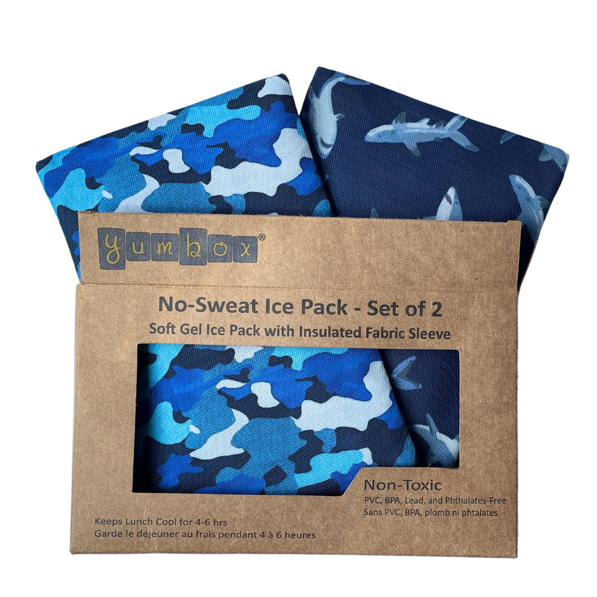 Yumbox Reusable Soft Gel Ice Packs for Lunch Boxes – Sweatproof Kids Lunchbox Ice Packs (Set of 2, 6.5″ × 7.5″)(Camo & Shark)