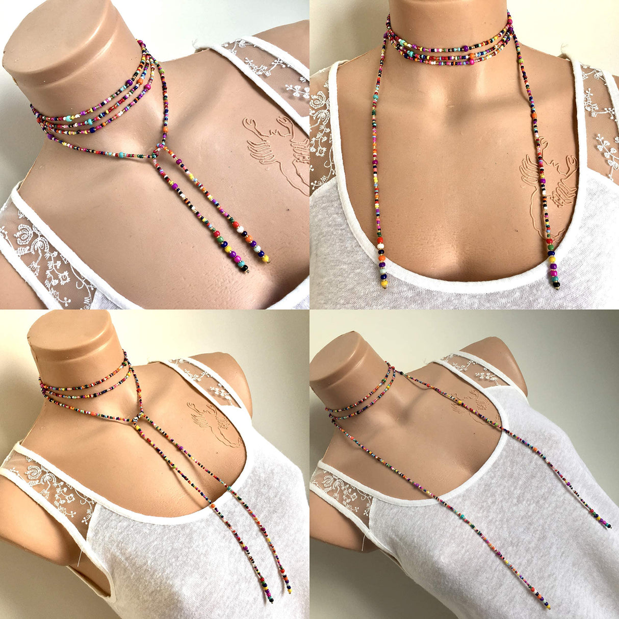 Colorful Bead Necklace, Long Tie Choker, Wrap Necklace, Wrap Seed bead, Lariat Necklace, Christmas Gift Woman, Wrapped Beaded Choker