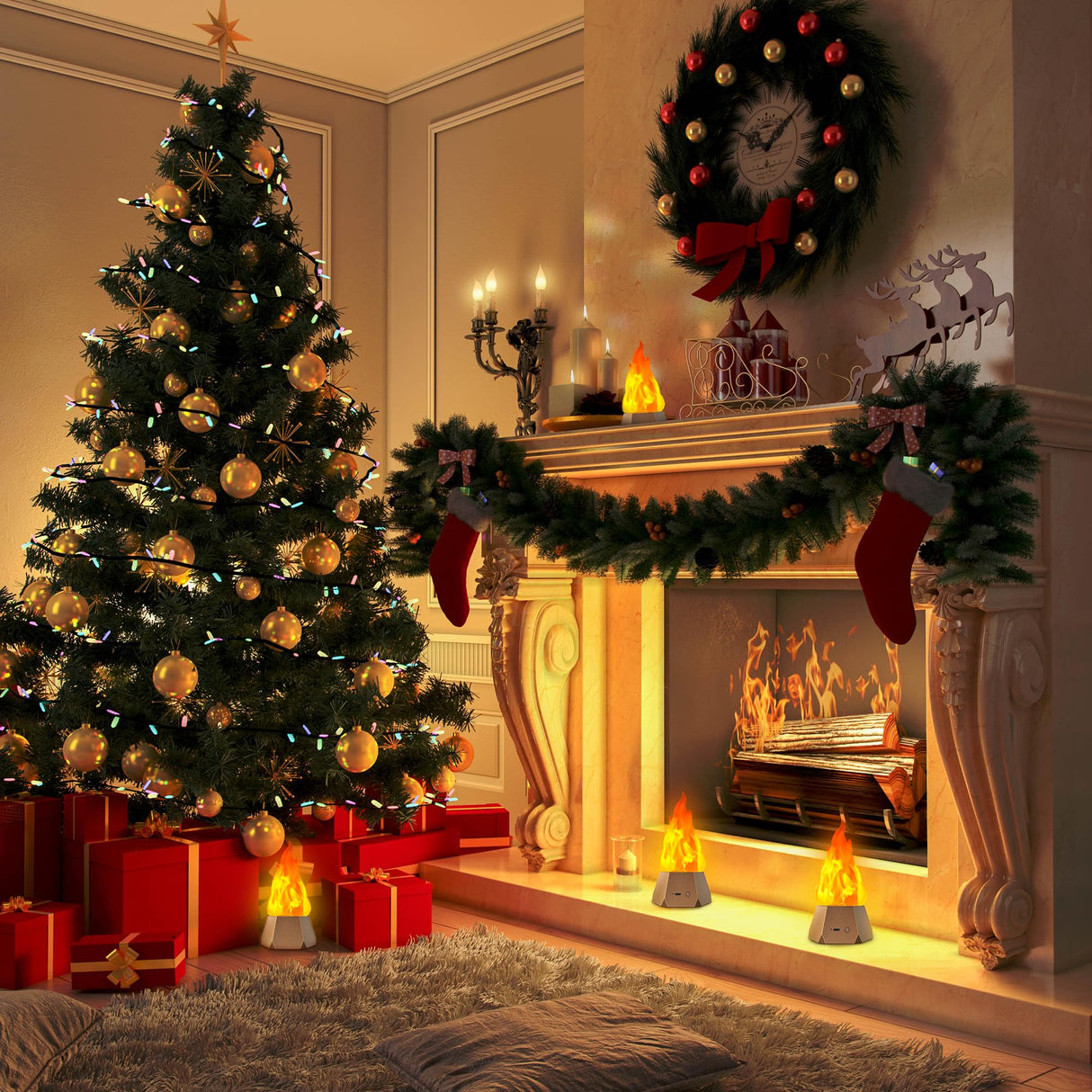 Ollcuz LED Flame Lights, Rechargeable Battery Flameless Candles, Fake Fire with Flickering Flame, LED Night Light for Kids Bedroom Outdoor Camping Party Bar Table Christmas Decorations, 2 Pack