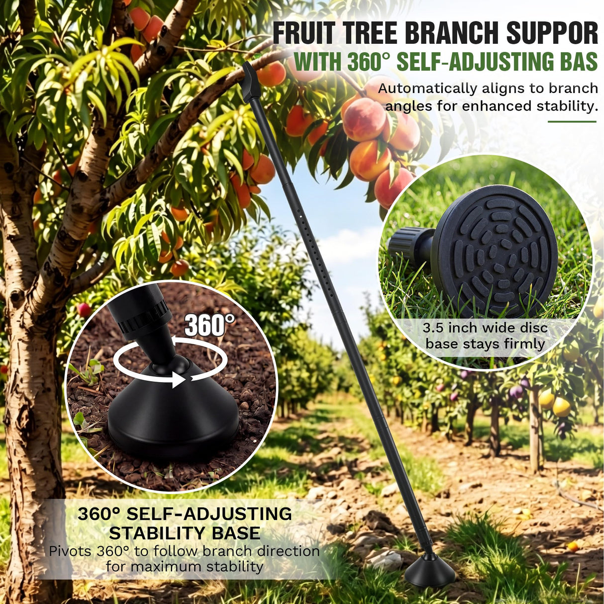 Carbon Steel Tree Support Pole with Crutch, Adjustable 20"-81" Tree Support for Leaning Trees, Prevents Fruit Trees Branch Breakage, Holds Up to 150 lbs, 360° Self Adjusting Base for Branch-Support