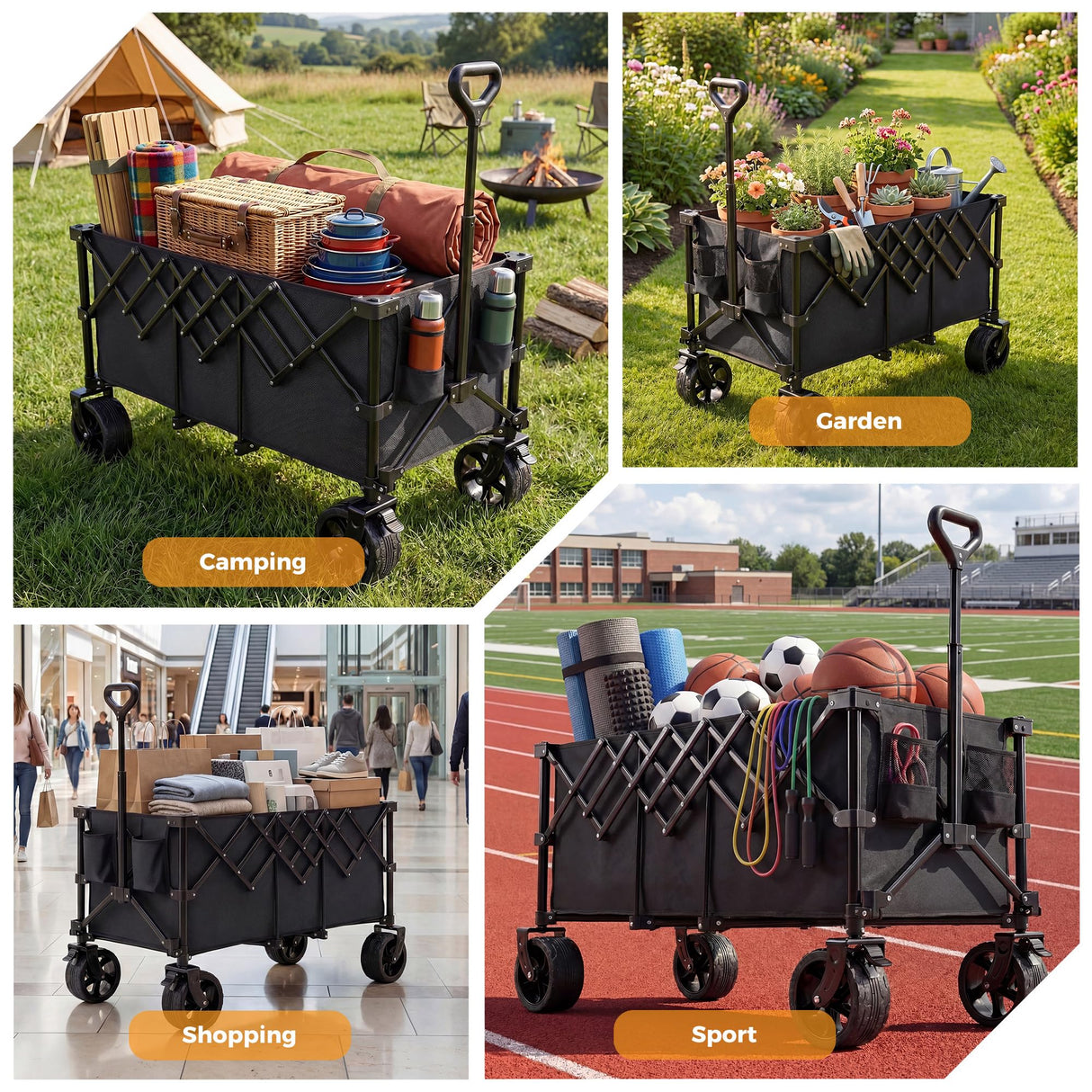 OLIXIS 49"L Collapsible Wagon 440lbs, Folding Wagon Cart with Wheels, Black