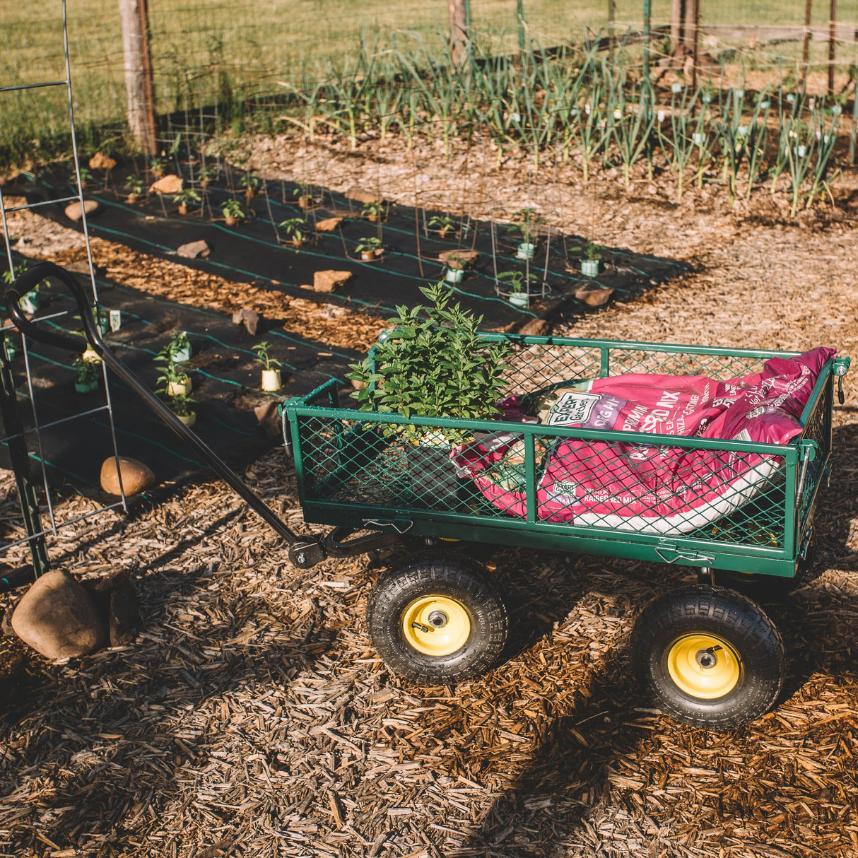 Backyard Expressions Heavy Duty Garden Cart 400 lb Utility Wagon Cart with Removable Mesh Sides, Powder-Coated Steel Bed, Pneumatic Tires, Pull Handle Yard Cart