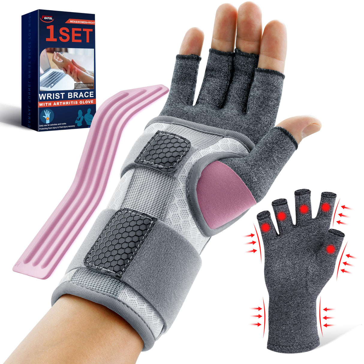 FEATOL Carpal Tunnel Wrist Brace & Compression Arthritis Glove Set For Women- Short Wrist Brace Daytime Support- Pain Relief For Work, Typing, Tendonitis, Sprains- Right Hand, Medium