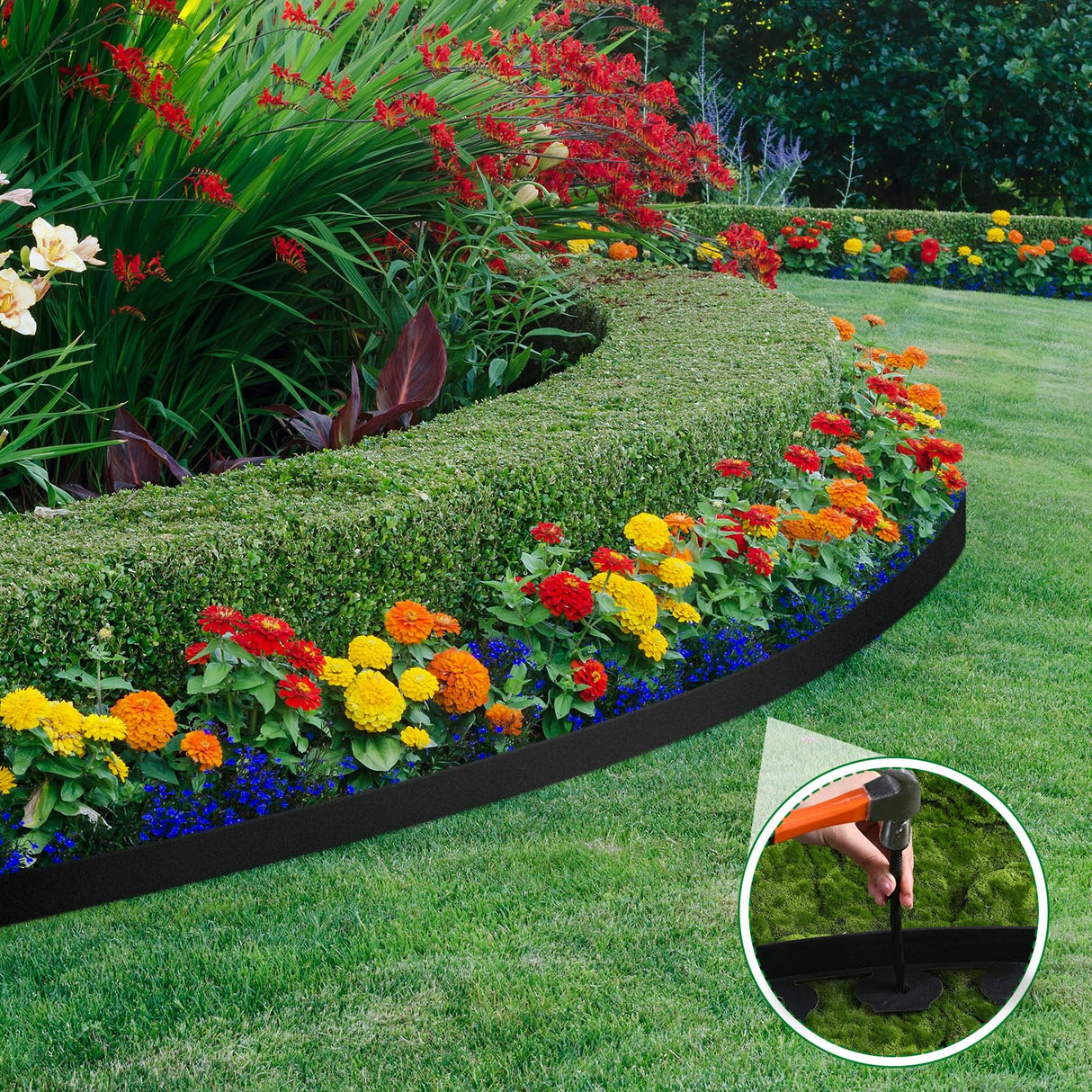 Sintuff 246 ft Garden Landscape Edging 2 Inch Tall Lawn Edging Border with 216 Anchoring Spikes Flexible Straight Top Garden Border Lawn Roll Kit(Black)