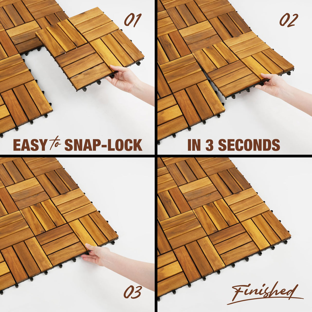 GREEN ALLUVIUM Premium Acacia Wood Interlocking Deck Tiles, 9 PCS 12"x12"x0.9" Patio Flooring, Waterproof Decking Tiles for Balcony, Backyard & Patio, All Weather Use (Golden Teak - Crossed Pattern)