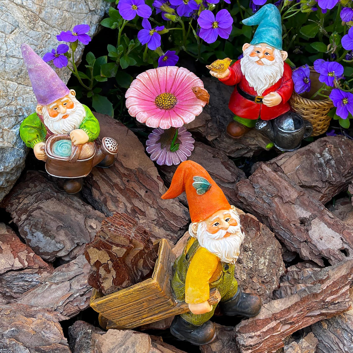 Mood Lab Garden Gnome Figurines Set (4 pcs) - 3.5" H Miniature Decorative Statues & Accessories - Outdoor & Indoor Garden Decor