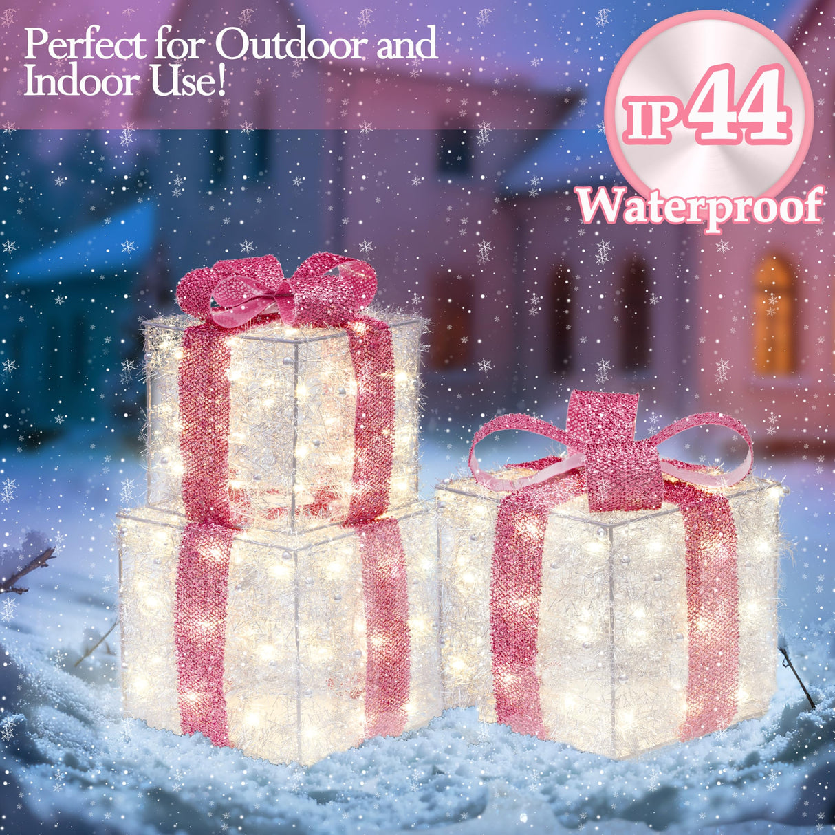 Christmas Decorations, 140 LEDs Set of 3 Lighted Gift Boxes with Silver Tinsel and Pink Bows, Warm White Present Boxes for Indoor Outdoor Holiday Party Yard Bedroom Home Xmas Decor