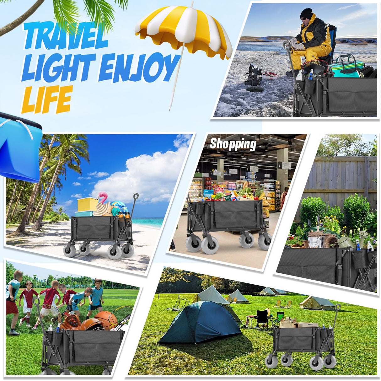 Beach Wagon with Big Wheels for Sand, 350lbs Heavy Duty Folding Wagon, Oversized 180L, 9" PVC All-Terrain Wheels, Adjustable Handle, Cooler & Storage Bags for Beach, Camping & Outdoor Sports (Black)