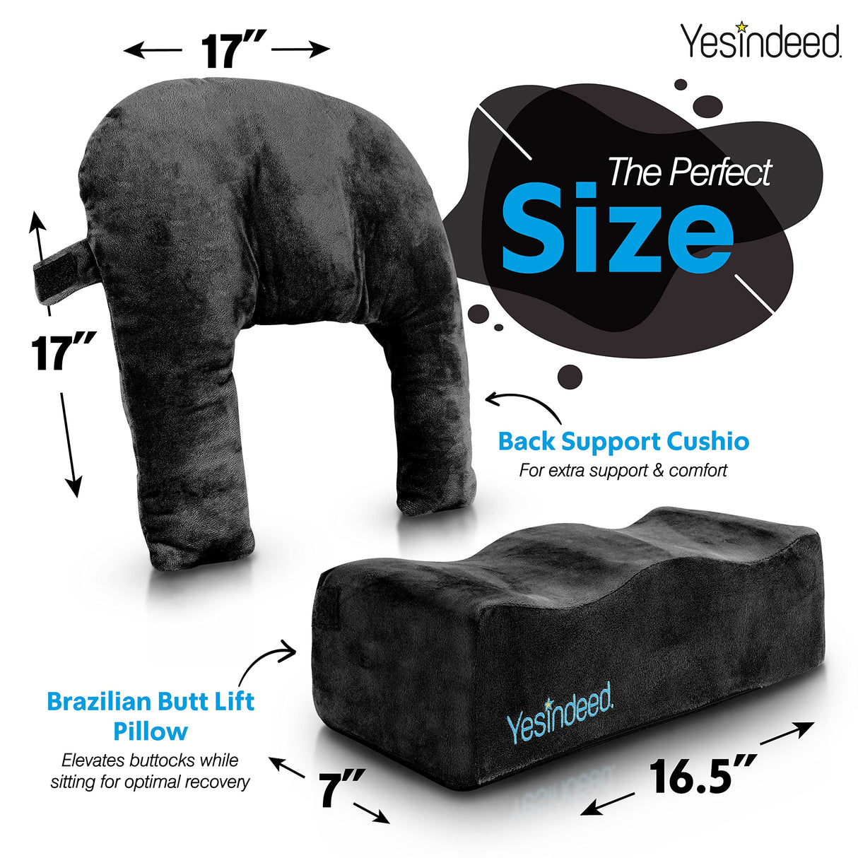 YESINDEED Brazilian Butt Lift Pillow + Back Support Cushion – Dr. Approved BBL Foam Pillow with Carrying Bag for Post Surgery Recovery – Comfortable and Firm Cushions Set