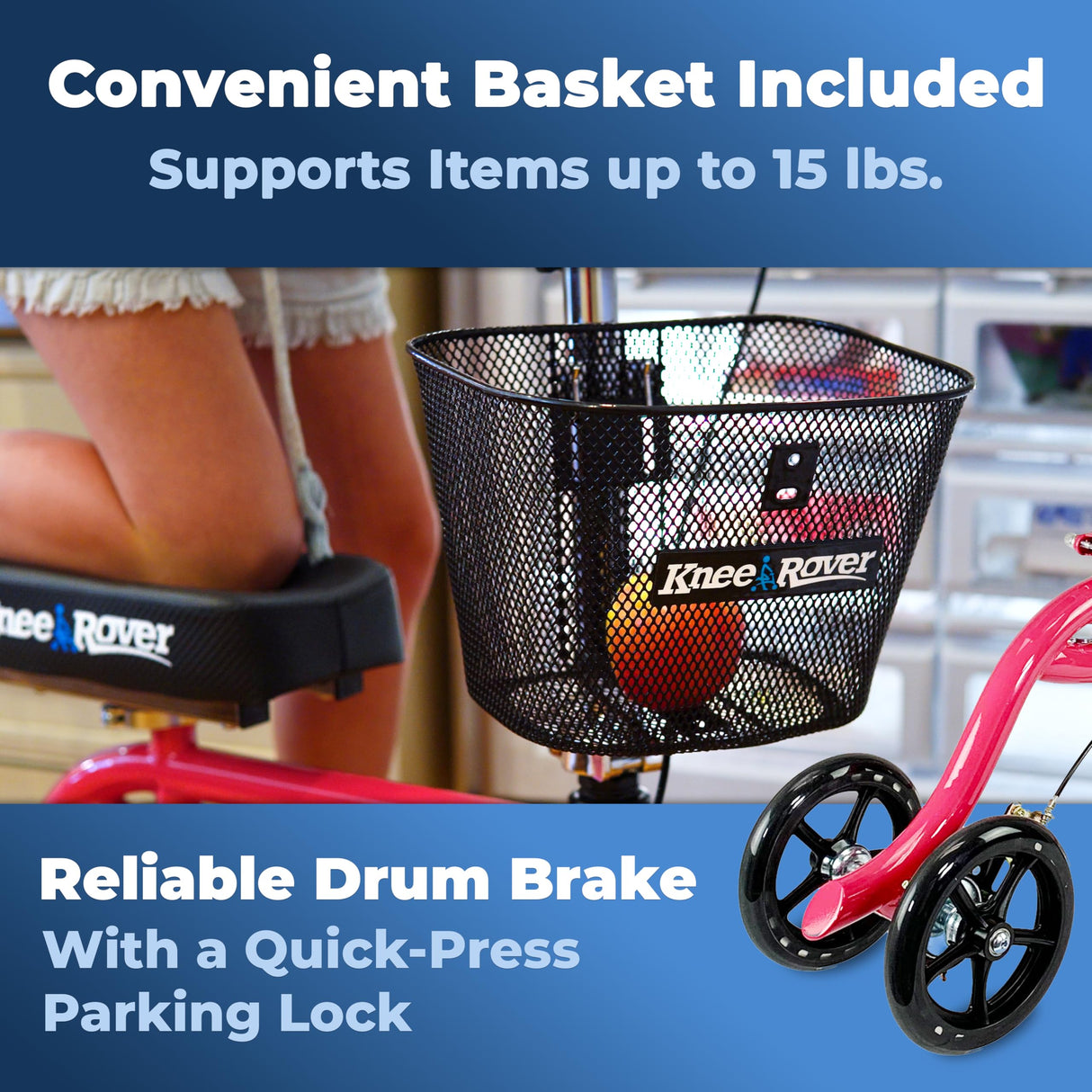 KneeRover Steerable Knee Scooter Knee Walker for Adults for Foot Surgery, Broken Ankle, Foot Injuries - Foldable Knee Rover Scooter for Broken Foot Injured Leg Crutch Alternative with Basket Hot Pink