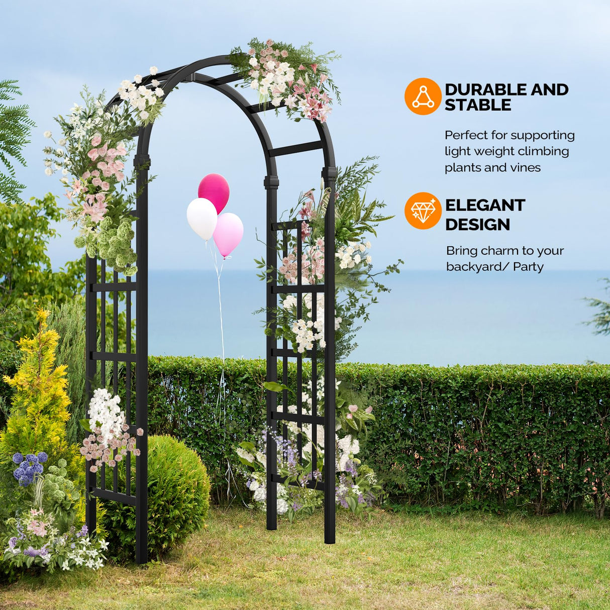 VINGLI Vinyl Garden Arbor, PVC Wedding Arch for Ceremony Party, Garden Trellis for Climbing Plants Outdoor, Arch Backdrop Stand for Garden, Backyard, Lawn (Black, 39.5in)