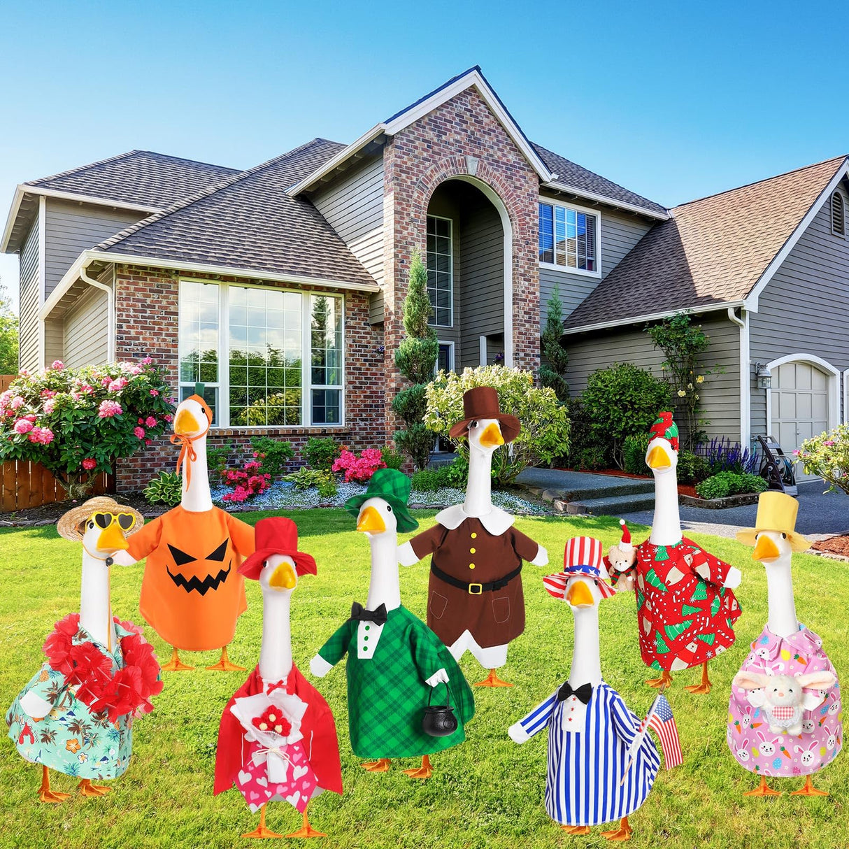 Silicherry 8 Set Seasonal Holiday Goose Outfits Christmas Valentine's Day Summer All Seasons Lawn Porch Goose Clothes Costume for 23" Cement Statue Garden Patio Outdoor Decoration(Boy Style)