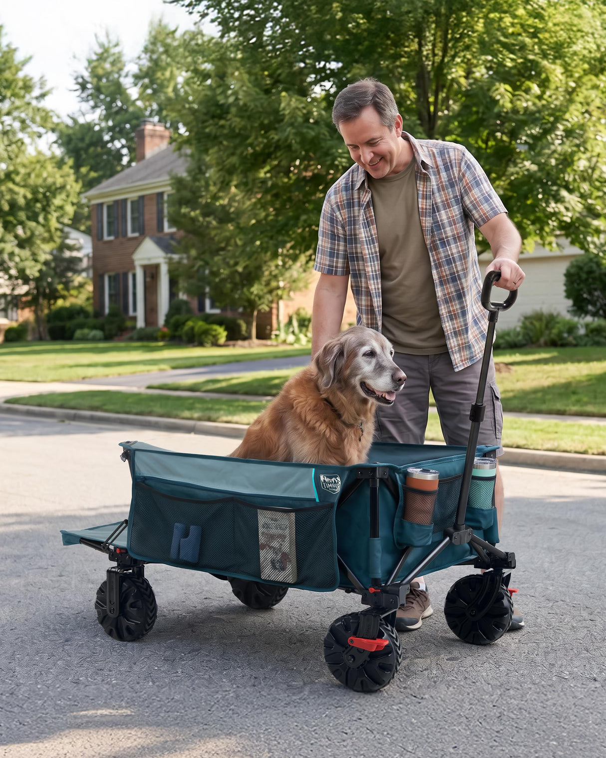TIMBER RIDGE 600L Beast Wagon 26" W Extra Wide All Terrain Folding w/Big Wheels, Cargo Net & Tailgate, 26" W and 54.5" L, 400lbs Heavy Duty Collapsible Portable Cart for Camping, Sports, Dogs, Blue