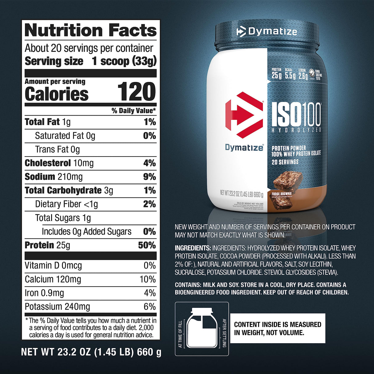 Dymatize ISO100 Whey Protein Powder Isolate, Fudge Brownie, 25g of Protein, 20 Servings, 5.5g BCAAs, Less Than 120 Cal., Gluten Free, 1g Fat, 1g Sugar, 2g Carb