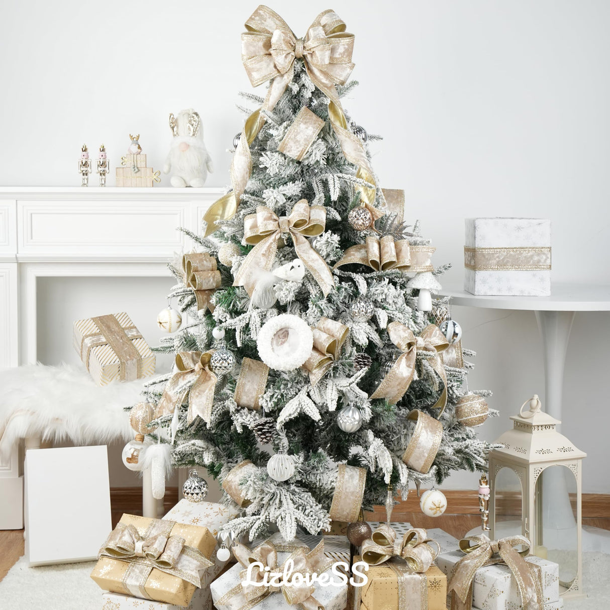 LIZLOVESS Champagne Gold Velvet Wired Ribbon 2.5" X 10 Yards with Glitter Border Stripe Christmas Ribbon for Tree, Wreath Supplies, Garlands Making