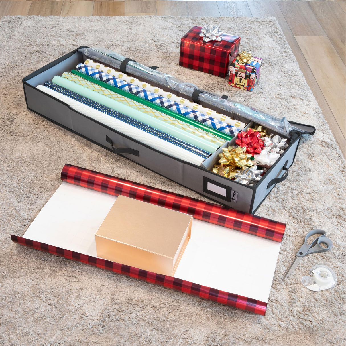 Premium Wrapping Paper Storage Container -Durable Material 600D tear-proof - Fits up to 27 Paper Rolls -Extra Pockets for Ribbons & Bows. Underbed Gift Wrap Organizer, Ideal for Holiday Christmas, etc