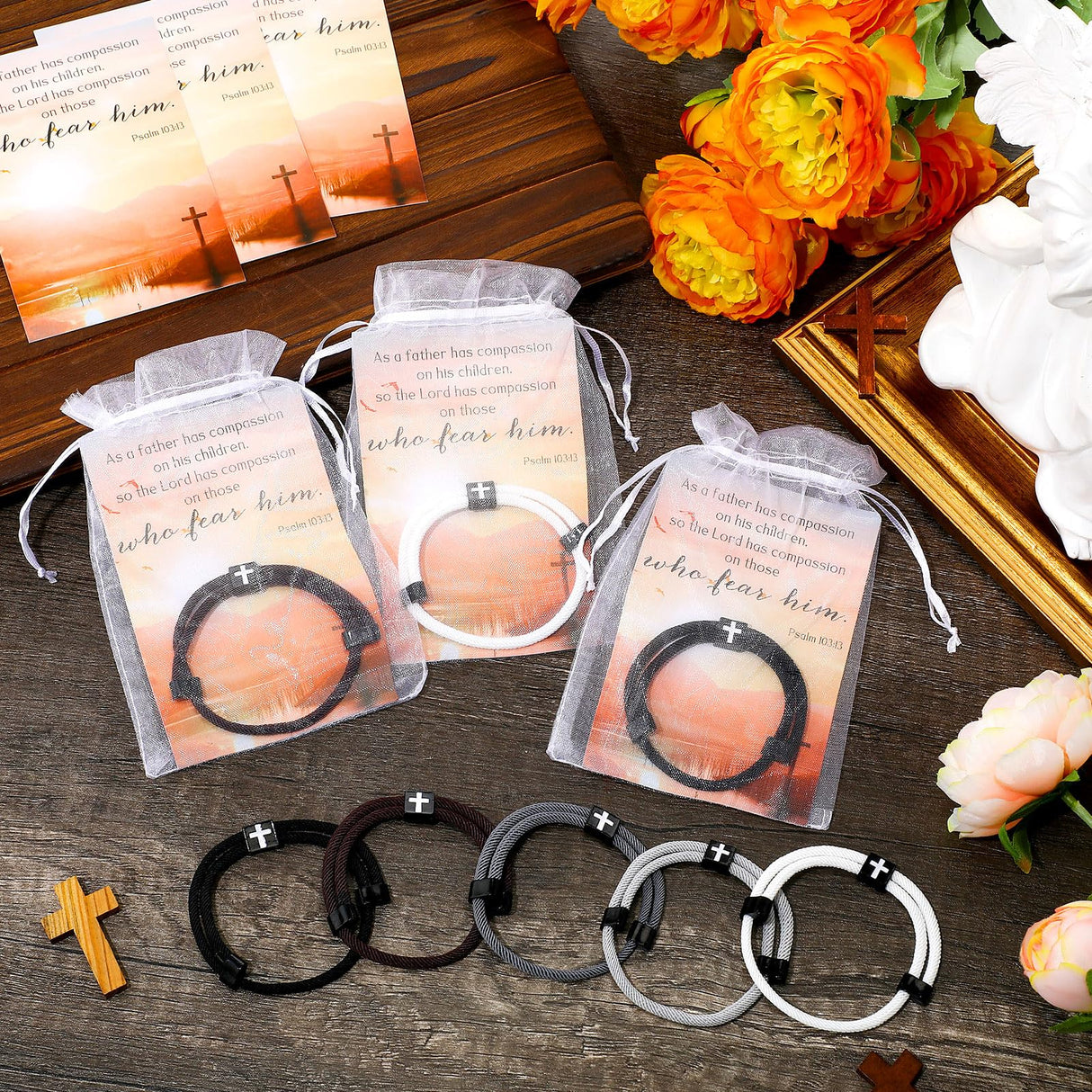 Tondiamo 20 Set Fathers Day Bracelet Gift for Church Cross Christian Adjustable Jesus Wristband Religious Blessed Dad Bible Verse Scripture Cards Organza Bag Basket Stuffers for Dad (Braided Style)