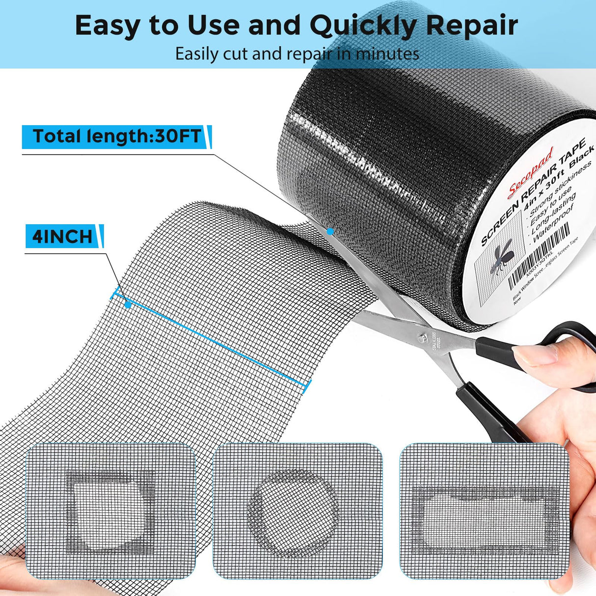 Secopad Black Window Screen Repair Kit, 4 in X 30 FT (360IN) Screen Repair Tape for Windows or Doors, Strong Adhesive Fiberglass Mesh Patch Tape