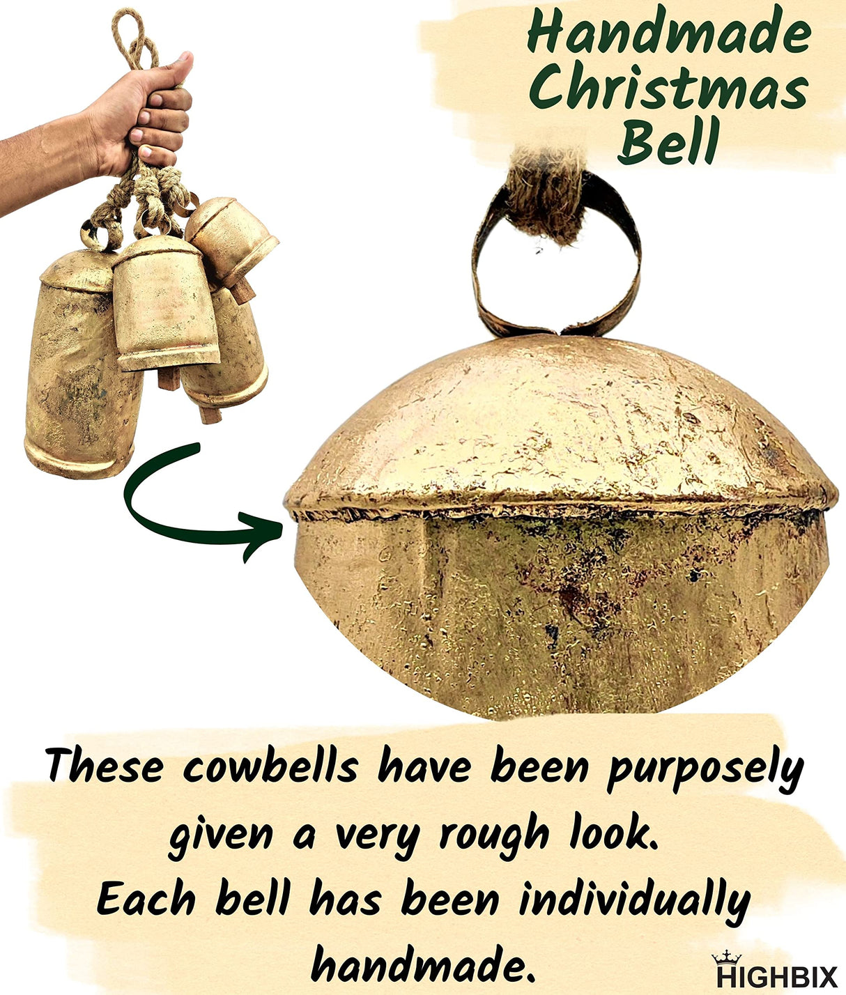 HIGHBIX Set of 3 Giant Harmony Cow Bells Huge Vintage Handmade Rustic Lucky Christmas Hanging XL Bells On Rope (Country Rustic, Large)