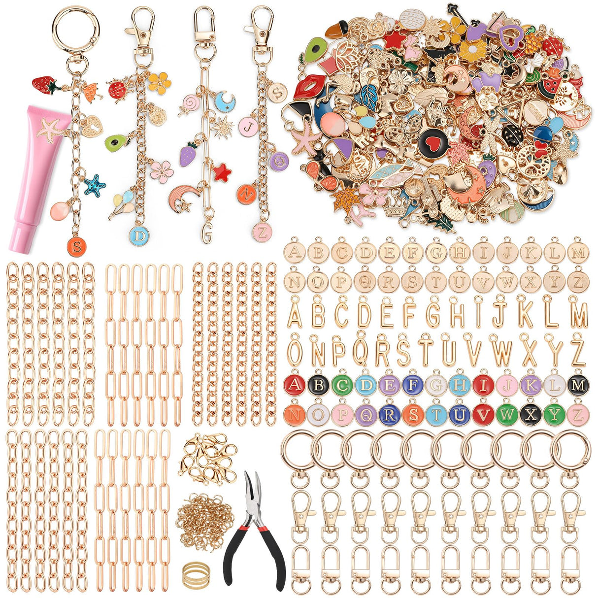 500Pcs Charms Lip Gloss Keychain Making Kit, DIY Craft Supplies with Charms, Key Chain Hooks, Jump Rings, Lobster Clasps, Chains & Tools, Jewelry Making Kit for Custom Keychains, Christmas Gifts