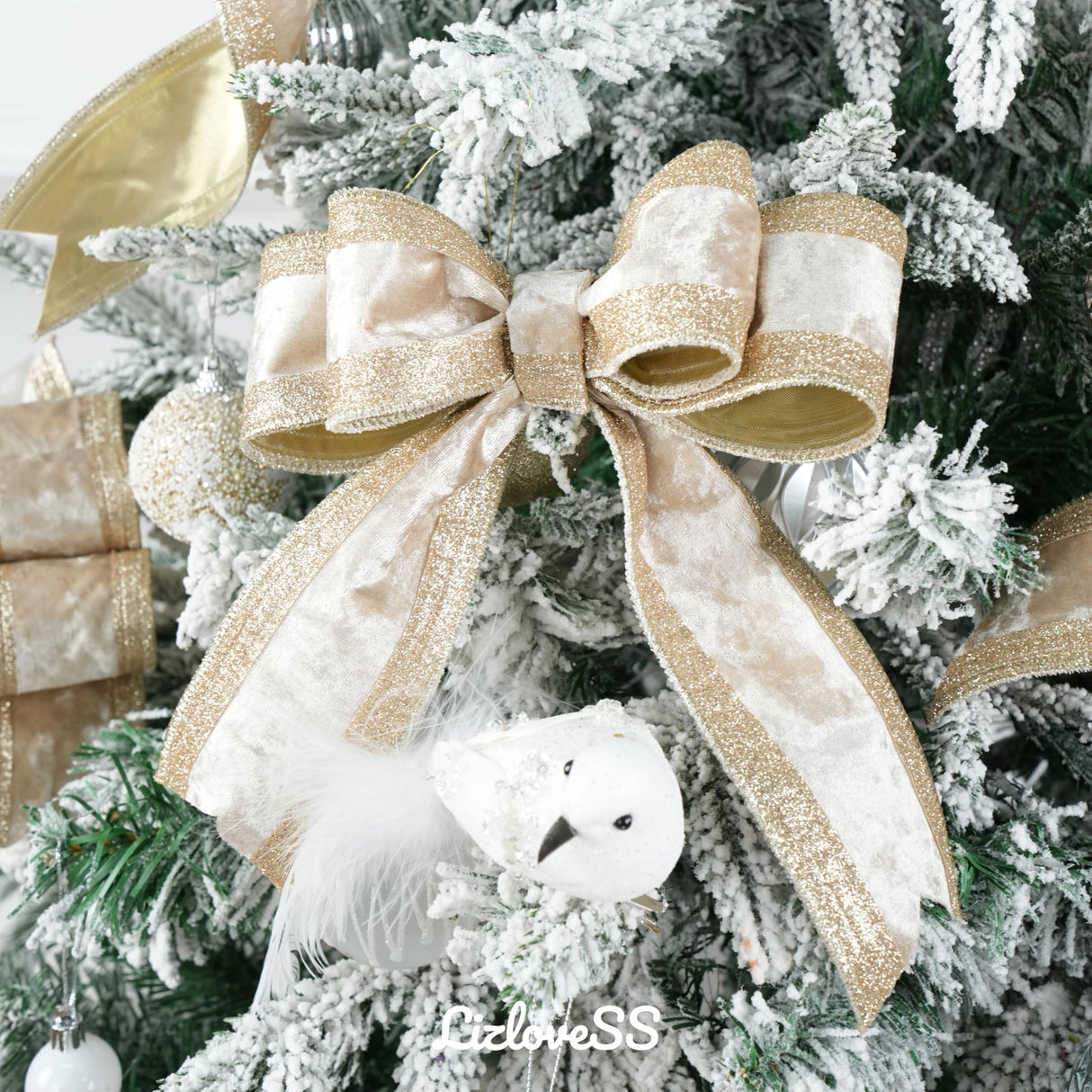 LIZLOVESS Champagne Gold Velvet Wired Ribbon 2.5" X 10 Yards with Glitter Border Stripe Christmas Ribbon for Tree, Wreath Supplies, Garlands Making